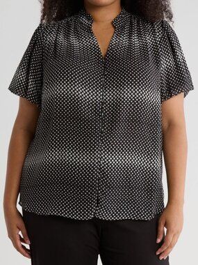 Adrianna Papell Short Sleeve Button-Up Top Size 1X Black/Cream Rising Dot NWT